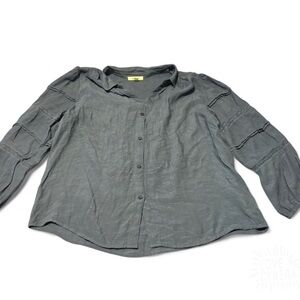 Como Blu Dusty Blue Button Down Blouse Size L 3/4 Sleeve Lace Trim